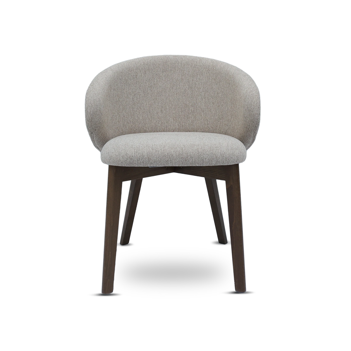 Gray upholstered chair with wooden legs on a white background