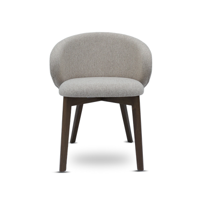 Gray upholstered chair with wooden legs on a white background