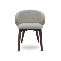 Gray upholstered chair with wooden legs on a white background