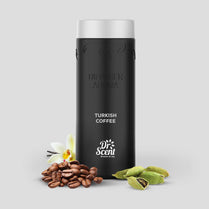 Black container labeled 'Turkish Coffee' by Dr. Scent with coffee beans and green leaves on a light gray background