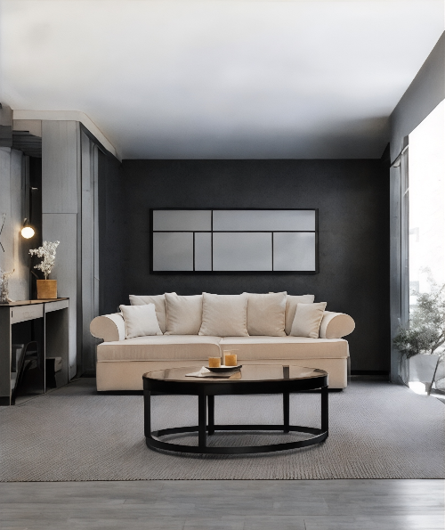 Modern living room with beige sofa, black coffee table, and dark wall. Venice Collection Sofa – Deep Comfort for Modern Living | Vella Concept