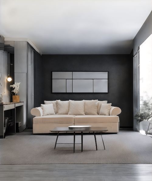 Modern living room with a beige sofa, coffee table, and decorative wall art. Venice Collection Sofa – Deep Comfort for Modern Living | Vella Concept