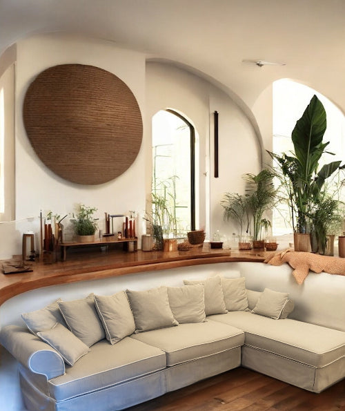 Modern living room with a sectional sofa, wooden shelf, and decorative plants. Venice Corner Collection Sofa – Spacious Comfort with Modern Style | Vella Concept