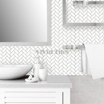 Thick 1.6mm Herringbone 12 X 12 Inch Peel And Stick White With Grey Grout Herringbone Vinyl Wall Tile Home Decor VP402