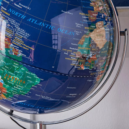 World globe focusing on North America and Europe with a metallic stand- Vasco Globe Table Lamp_ 40cm LED USB Powered