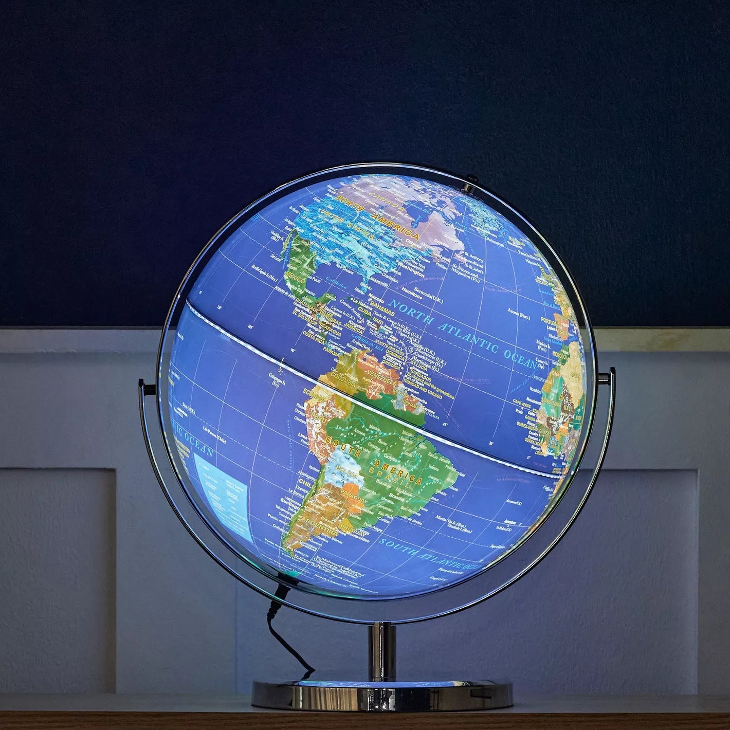 World globe on a stand with a dark background - Vasco Globe Table Lamp - 40cm LED USB Powered