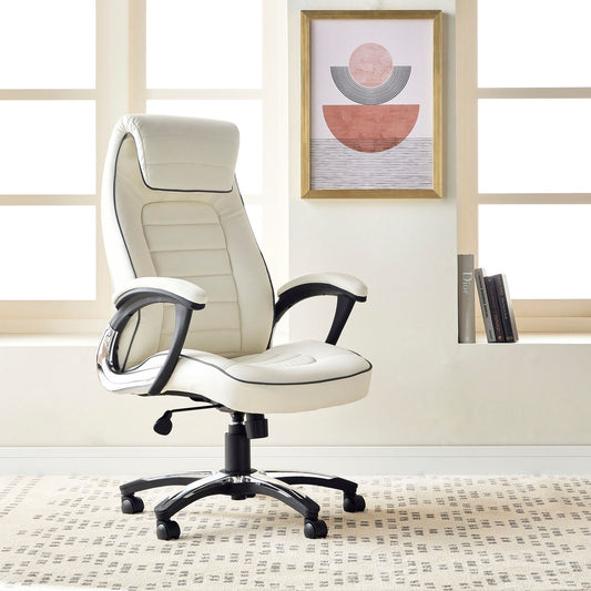 White office chair in a room with a framed picture on the wall.