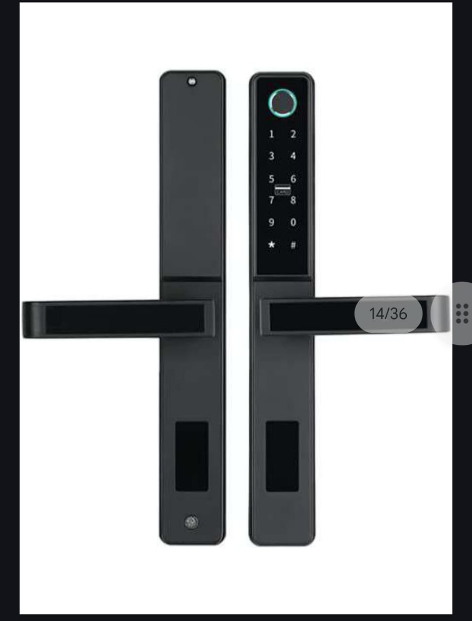 Black electronic door lock with digital keypad on a white background