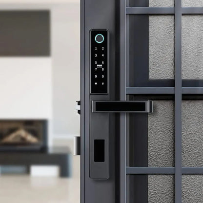 Modern door with digital lock and keypad in a home setting