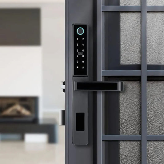 Modern door with digital lock and keypad in a home setting