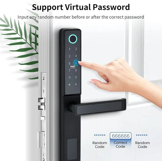 Digital door lock with a hand entering a code, supported by virtual password feature.