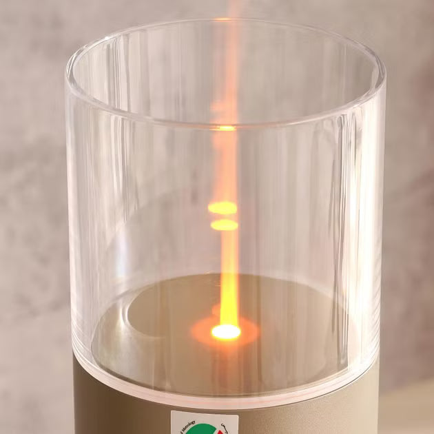 Clear glass container with a glowing orange light inside on a neutral background