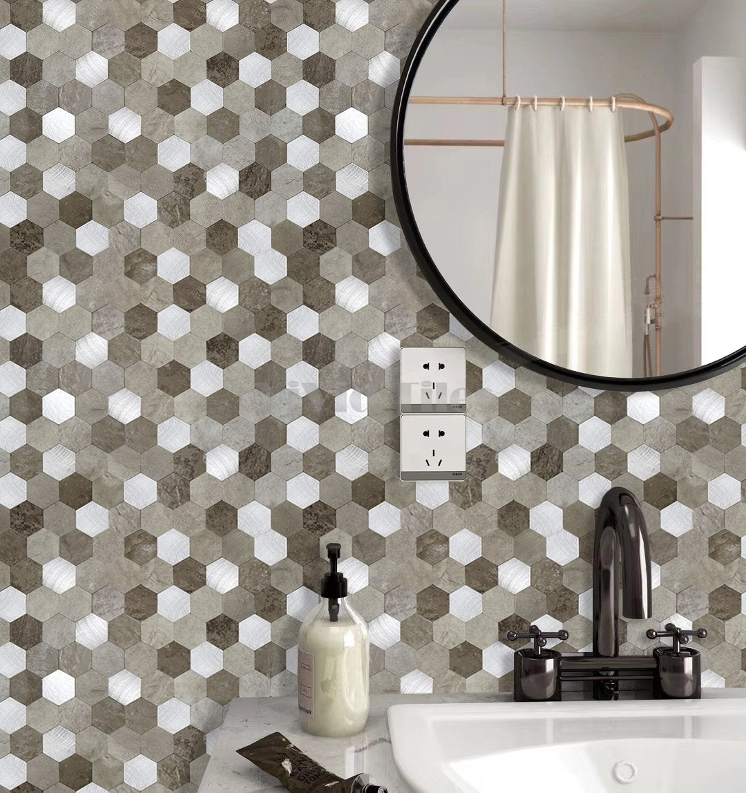 Hexagon Marble and Metal Mixed PVC Composite Tile WJ16