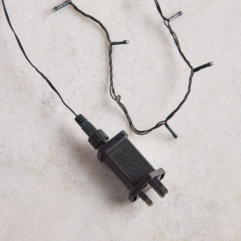 Black electrical plug on a light string against a light background