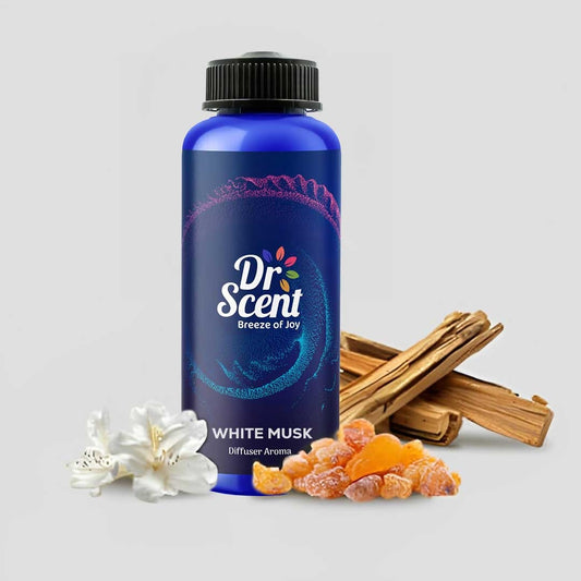 Dr Scent White Musk diffuser aroma bottle with flowers and wood pieces on a light gray background