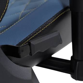 Close-up of a black seat adjustment lever on a blue chair.
