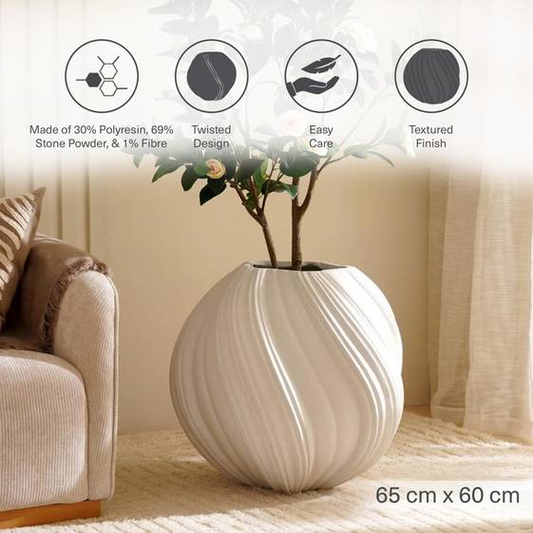White textured vase with plant in a living room setting, featuring product details.