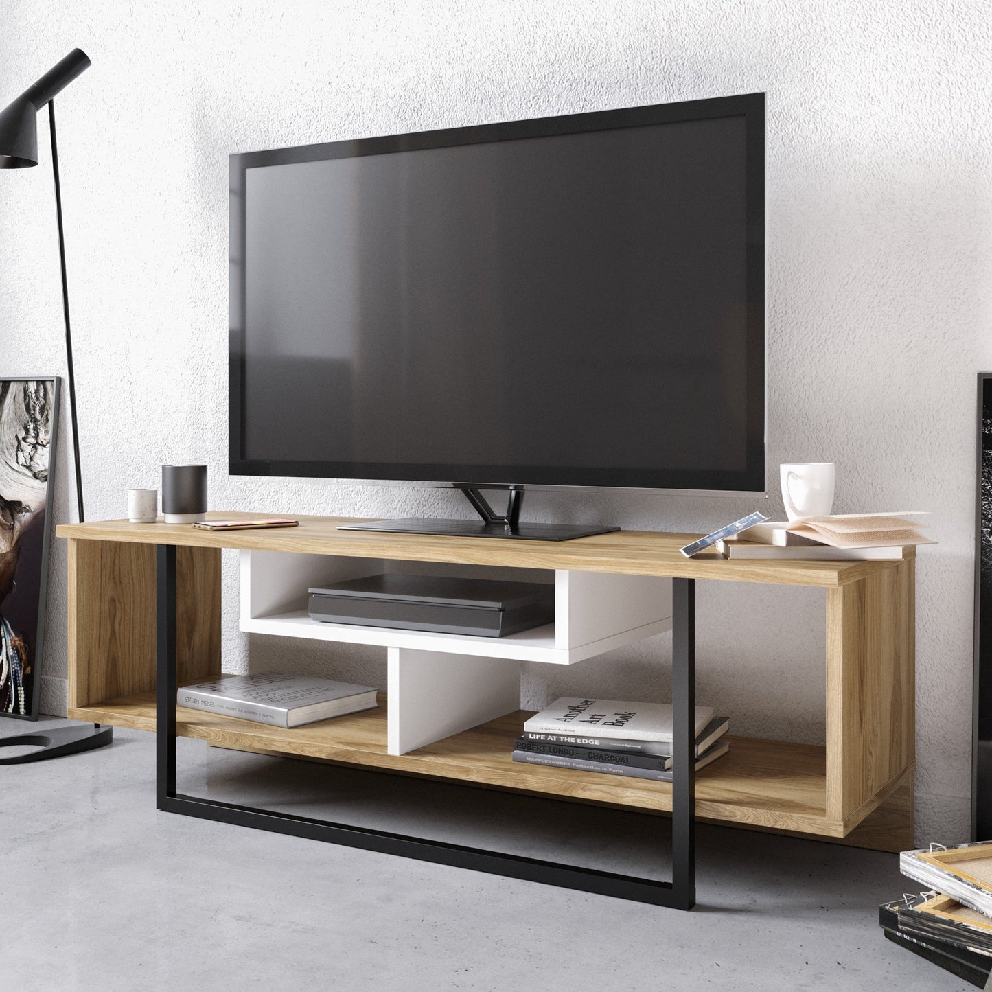 Asal 47'' TV Unit - Oud Oak & White & Black by DECOROTIKA | Souqify
