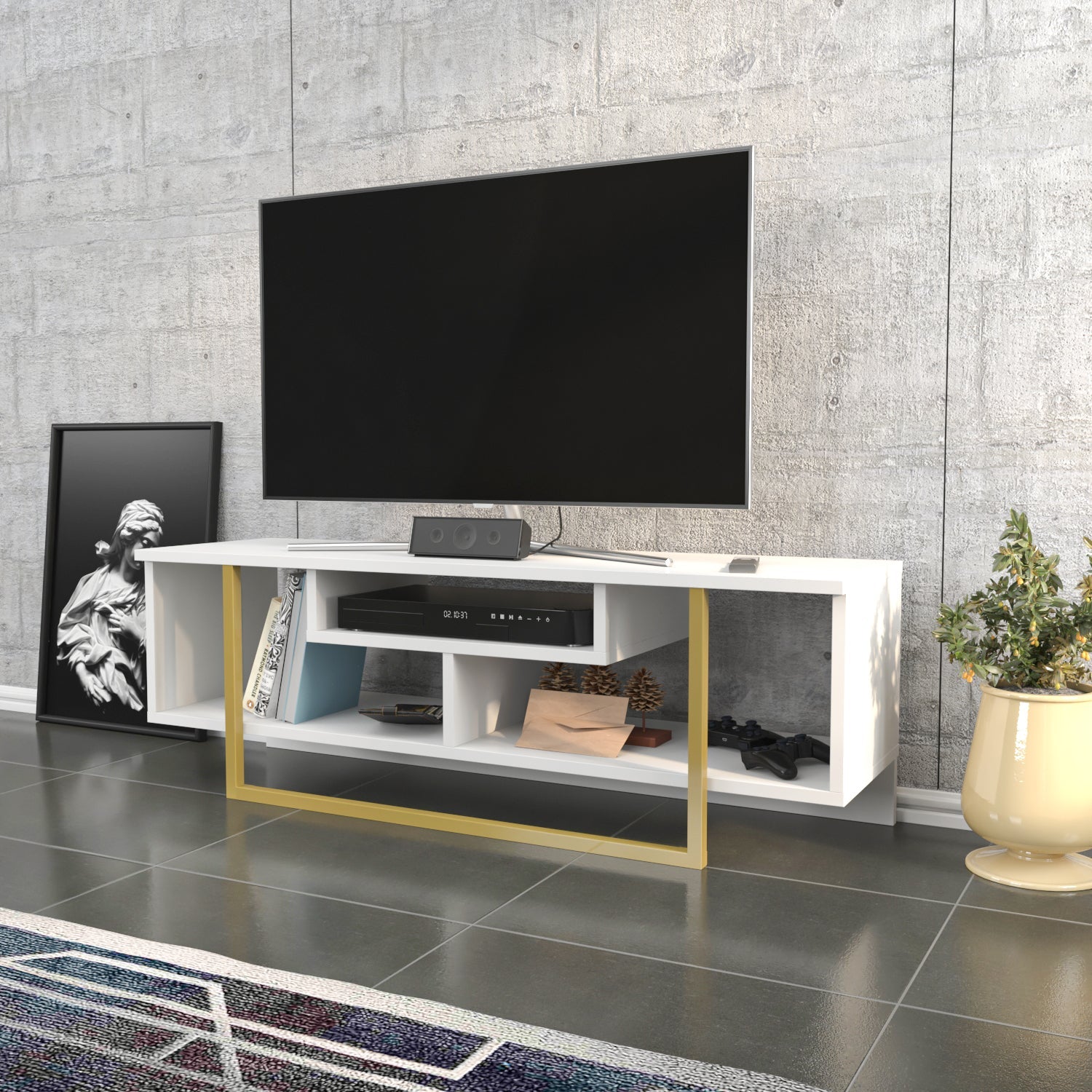 Asal 47'' TV Unit - White & Gold by DECOROTIKA | Souqify