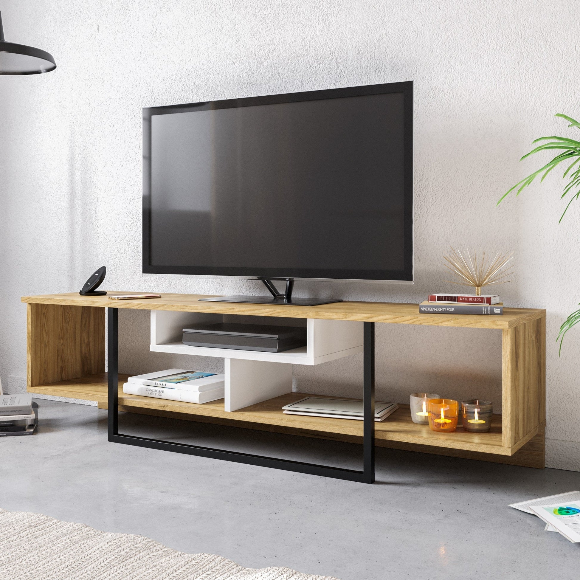 Asal 59'' TV Unit - Oud Oak & White & Black by DECOROTIKA | Souqify