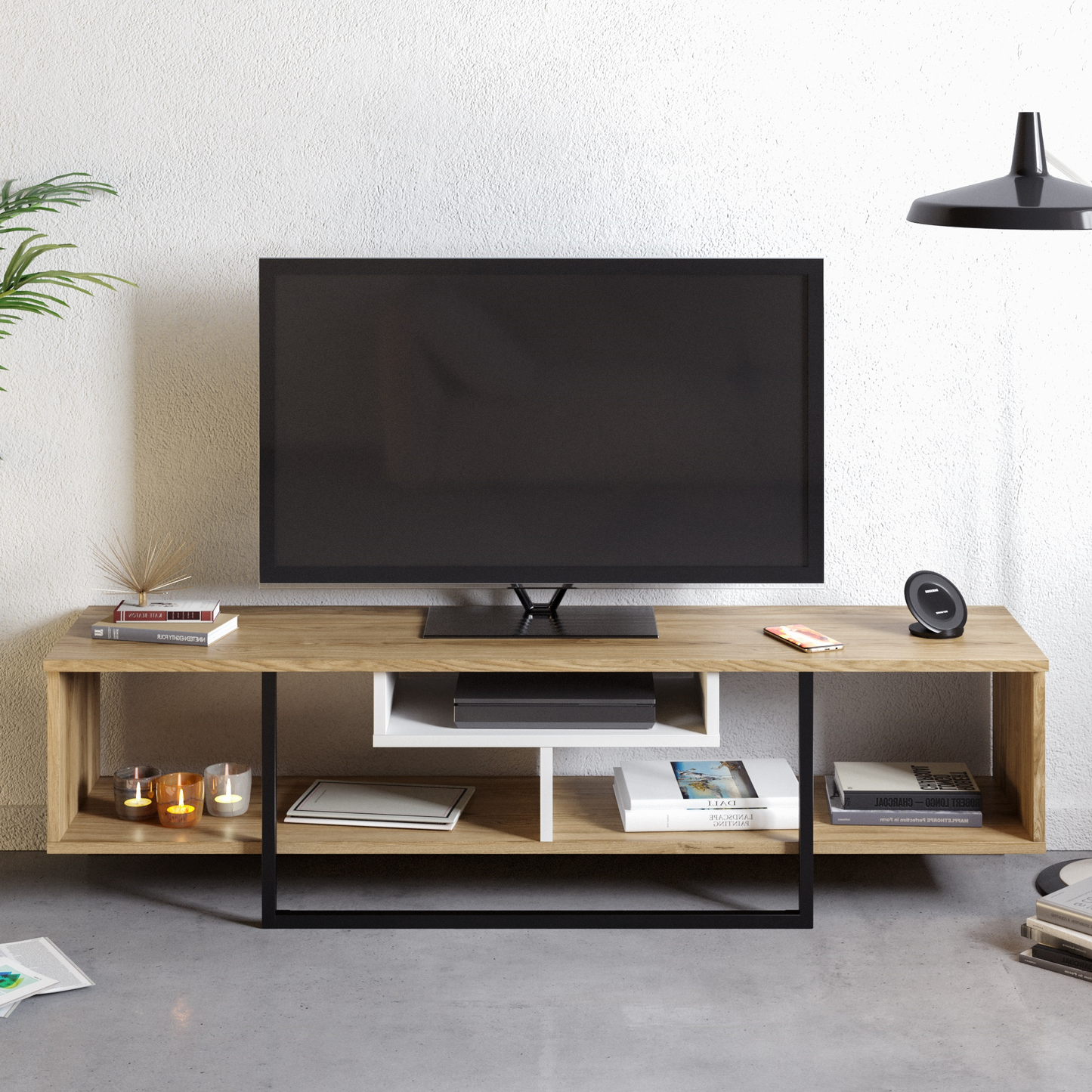 Asal 59'' TV Unit - Oud Oak & White & Black by DECOROTIKA | Souqify