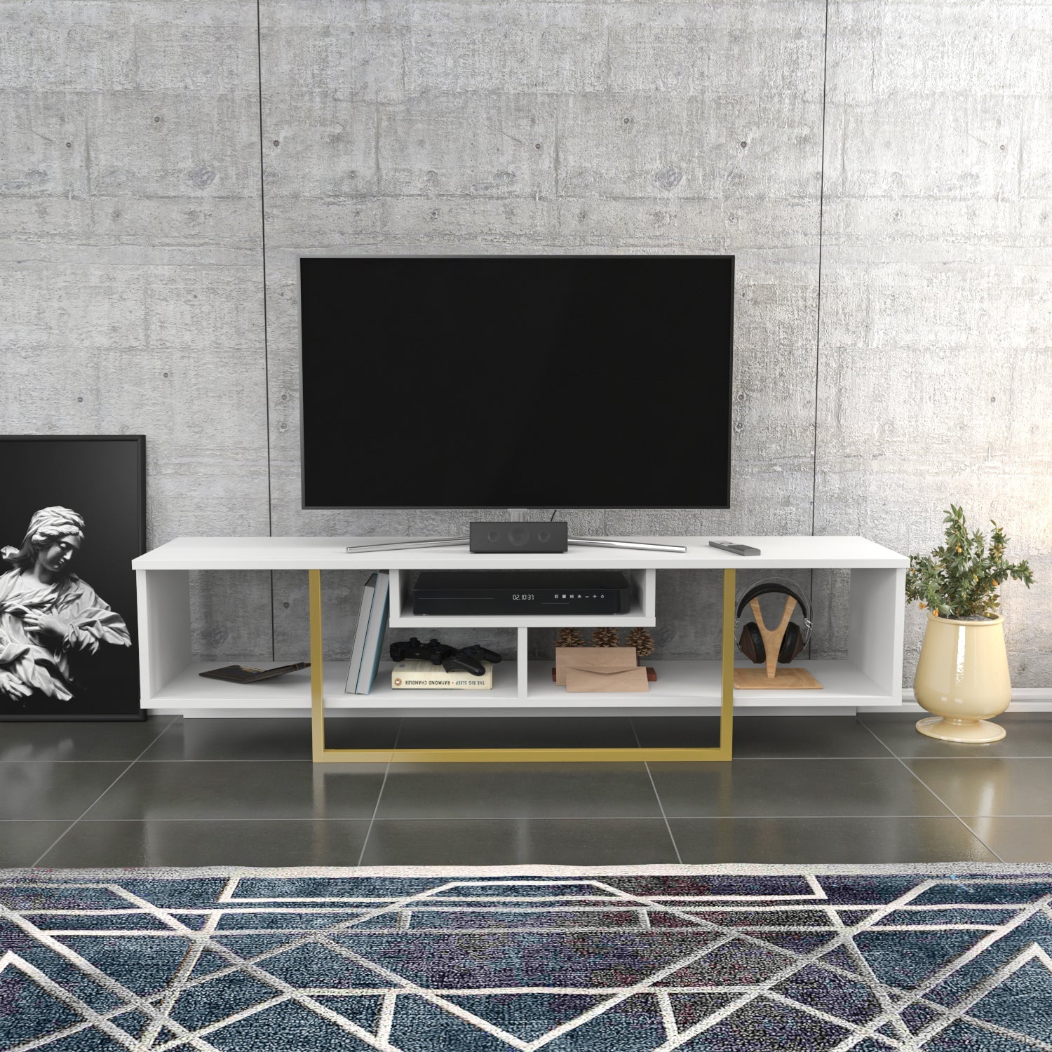 Asal 59" TV Unit - White & Gold by DECOROTIKA | Souqify