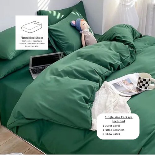 Basic Premium Single, Set of 4 Pieces, Duvet Cover Set, Green color. by 5 | Souqify