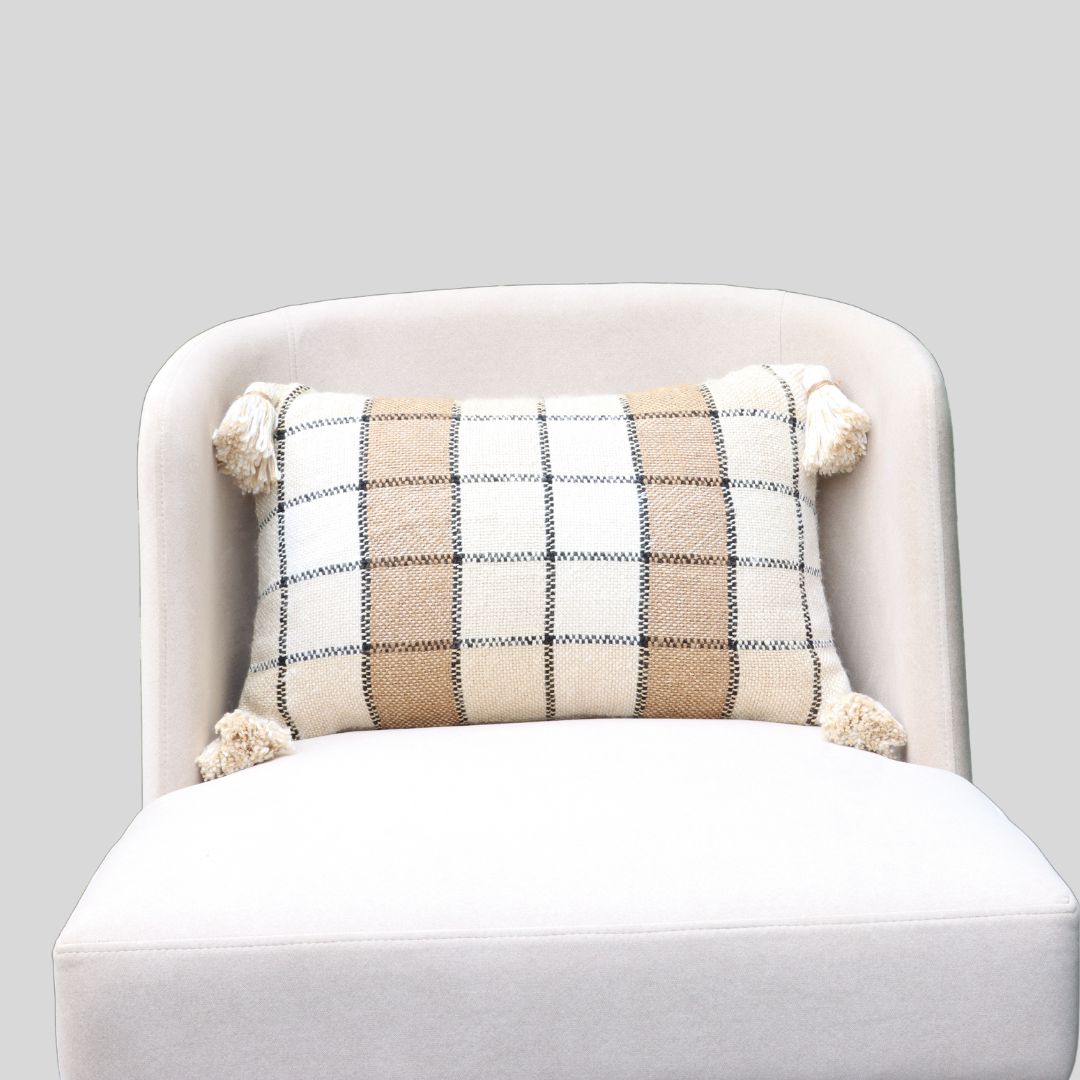 Beige Bliss Checkered Cushion Cover Handwoven, 30 x 50 cm by Luv Saffron | Souqify
