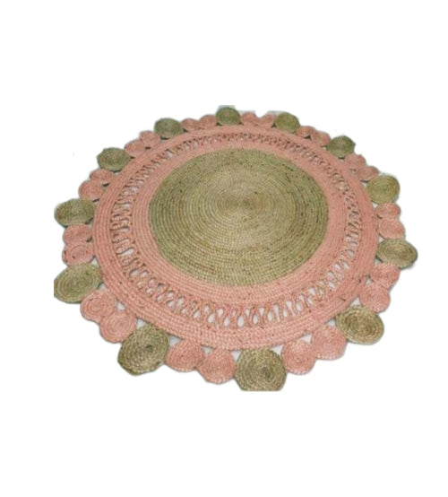 BJ-M-123 Floor Mat Natural Golden &amp; Pink 120 cm | 4 Feet by Banik Jute | Souqify