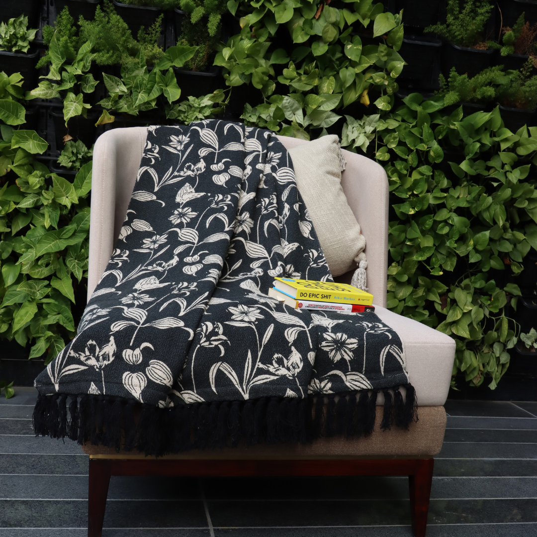 Black & Beige Handwoven Cotton Throw with fringe 50" x 60" (127 x 172 cm) by Luv Saffron | Souqify