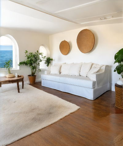 Living room with white sofa, wooden coffee table, and decorative wall art. Bodrum Collection Sofa – Elegance Meets Everyday Comfort | Vella Concept