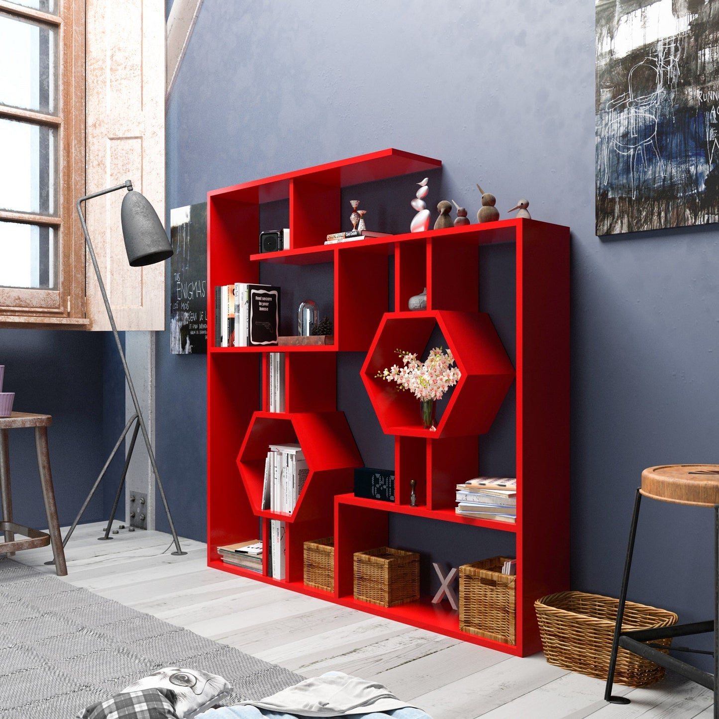 Bookshelf Tamara-Red-TMR52BC08 Red 144 X 28 X 21 by DECOROTIKA | Souqify