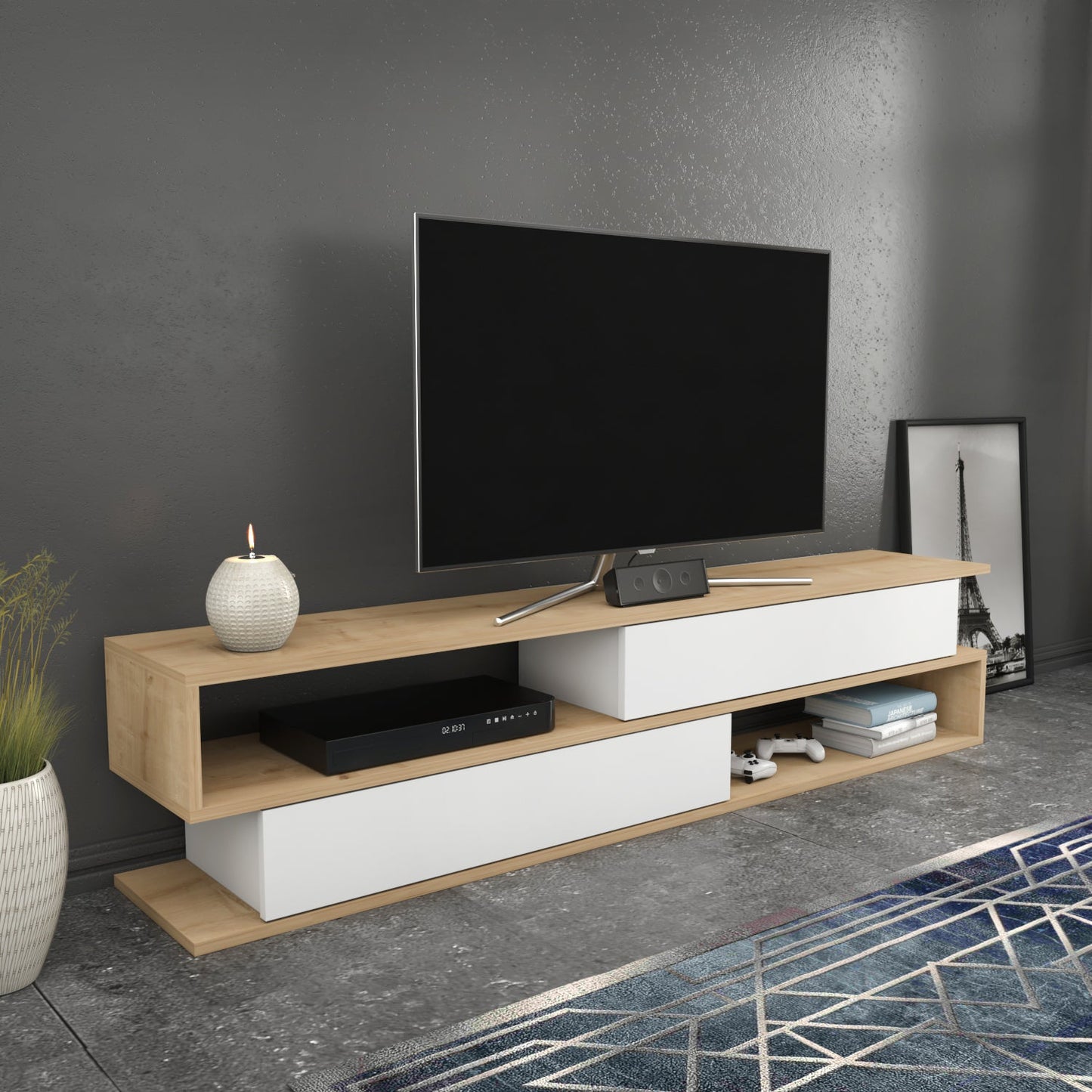 Cortez TV Unit Oak White by DECOROTIKA | Souqify