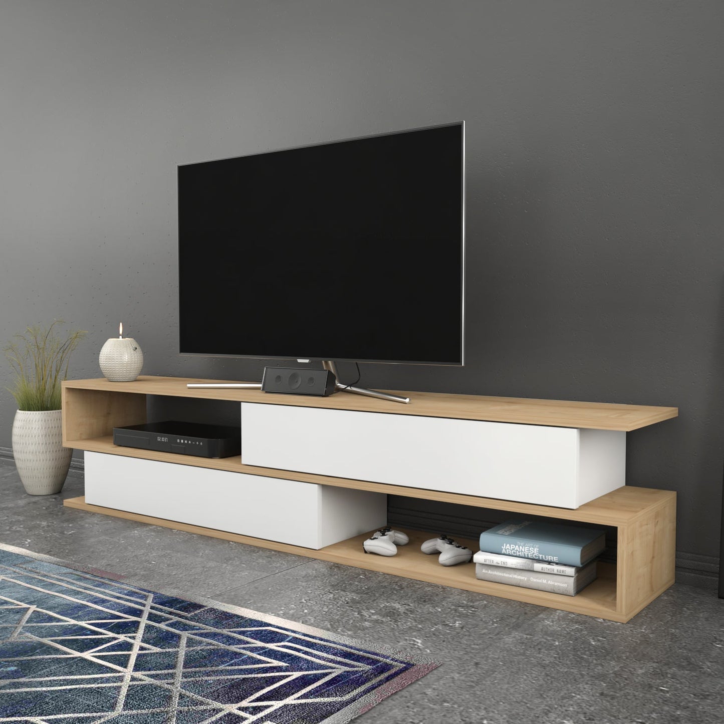 Cortez TV Unit Oak White by DECOROTIKA | Souqify