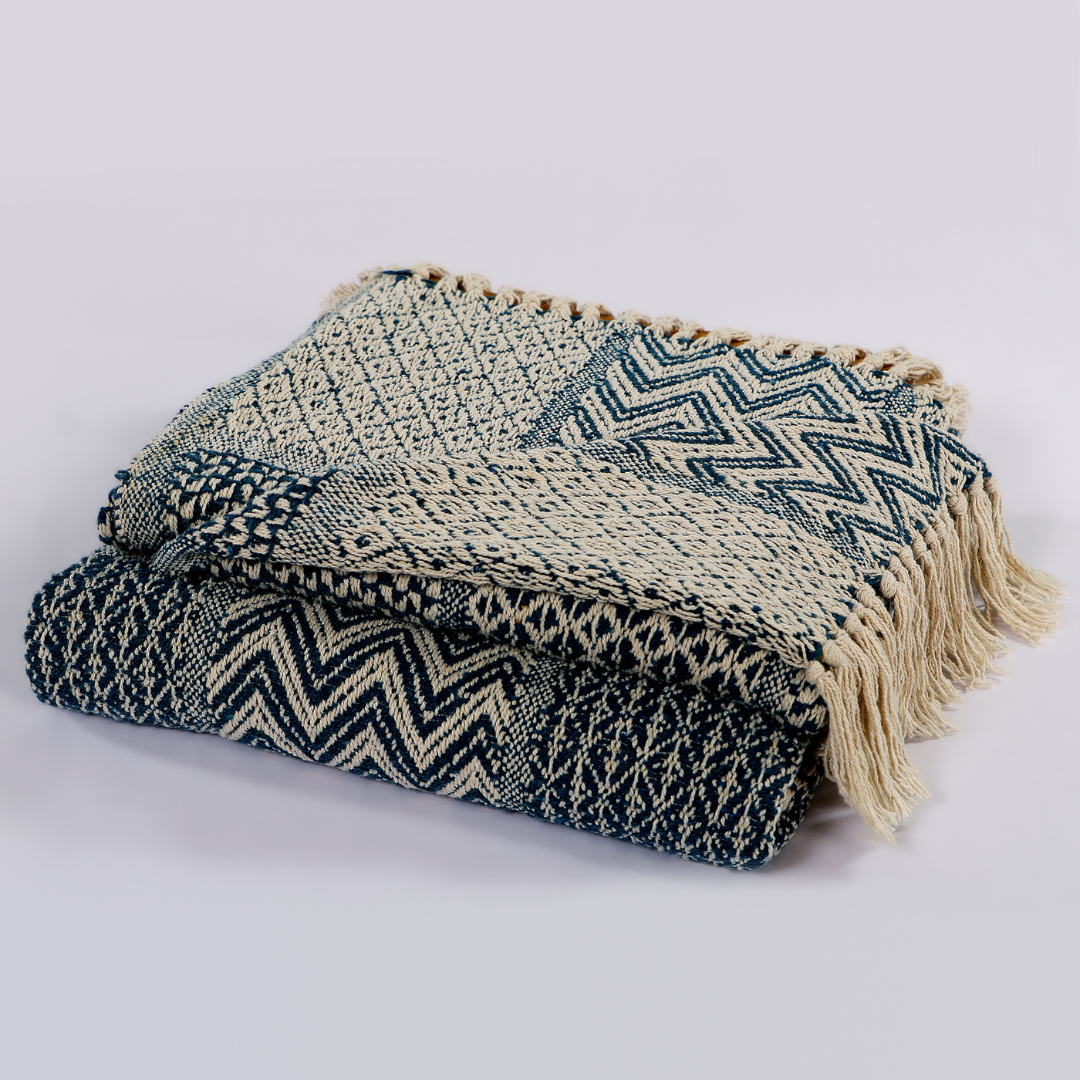 Cotton Handwoven Throw Blanket with Tassels in Peacock color 50" x 60" (127 x 172 cm) by Luv Saffron | Souqify