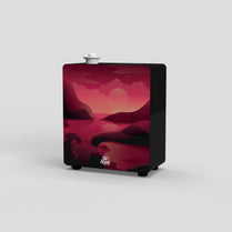 Scented candle with a pink landscape design on a white background