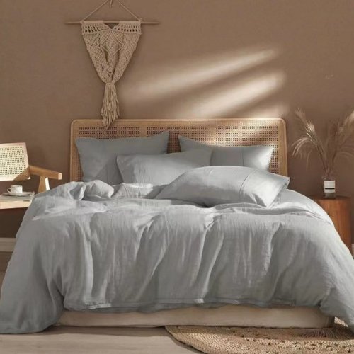Faux Linen King size 6 Pieces Duvet Cover Set, Plain Gray color.