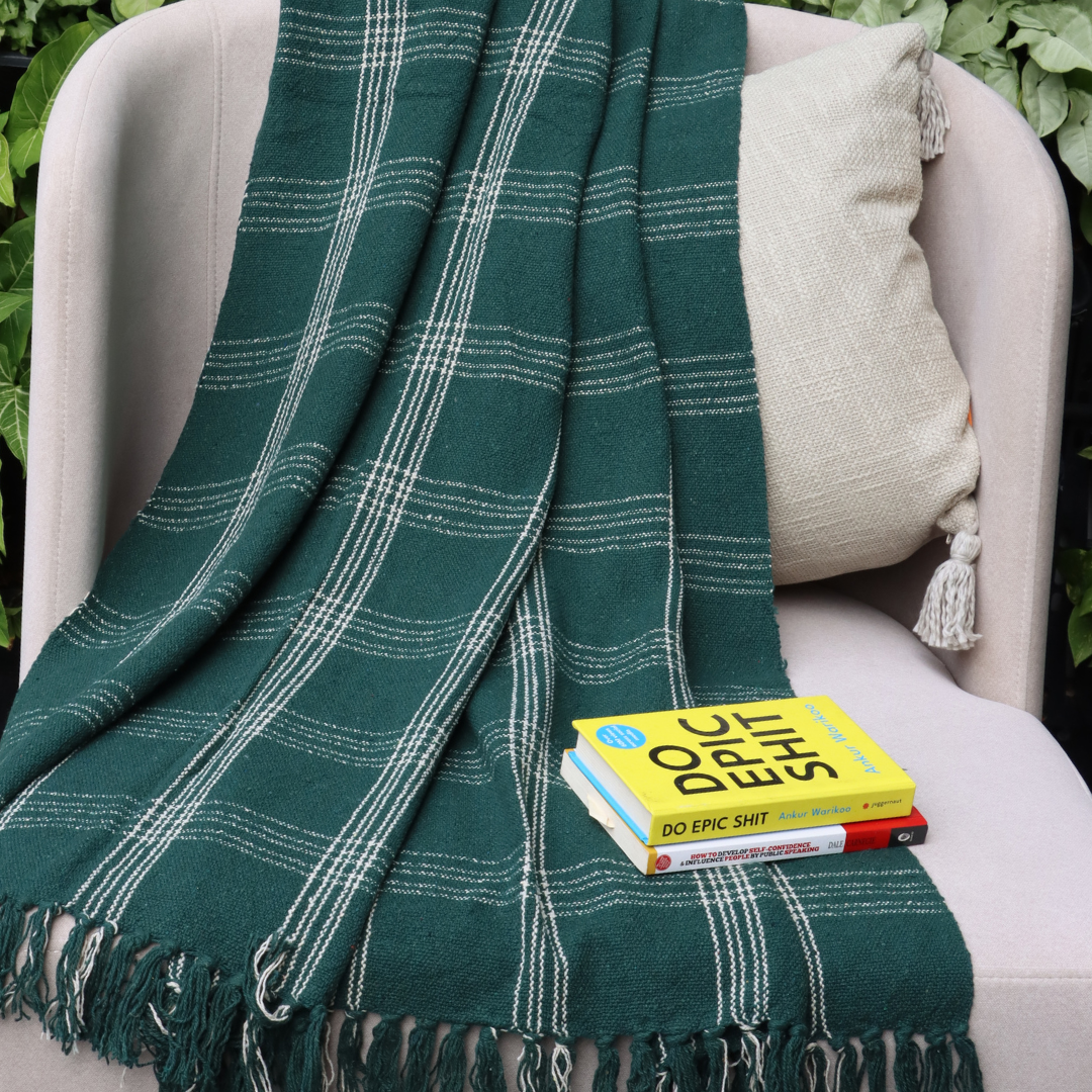 Green Handwoven Cotton Throw with fringe 50" x 60" (127 x 172 cm) by Luv Saffron | Souqify