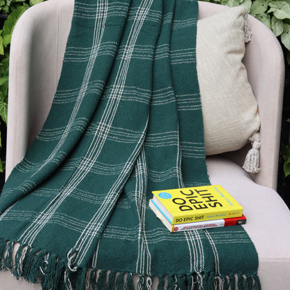Green Handwoven Cotton Throw with fringe 50" x 60" (127 x 172 cm) by Luv Saffron | Souqify