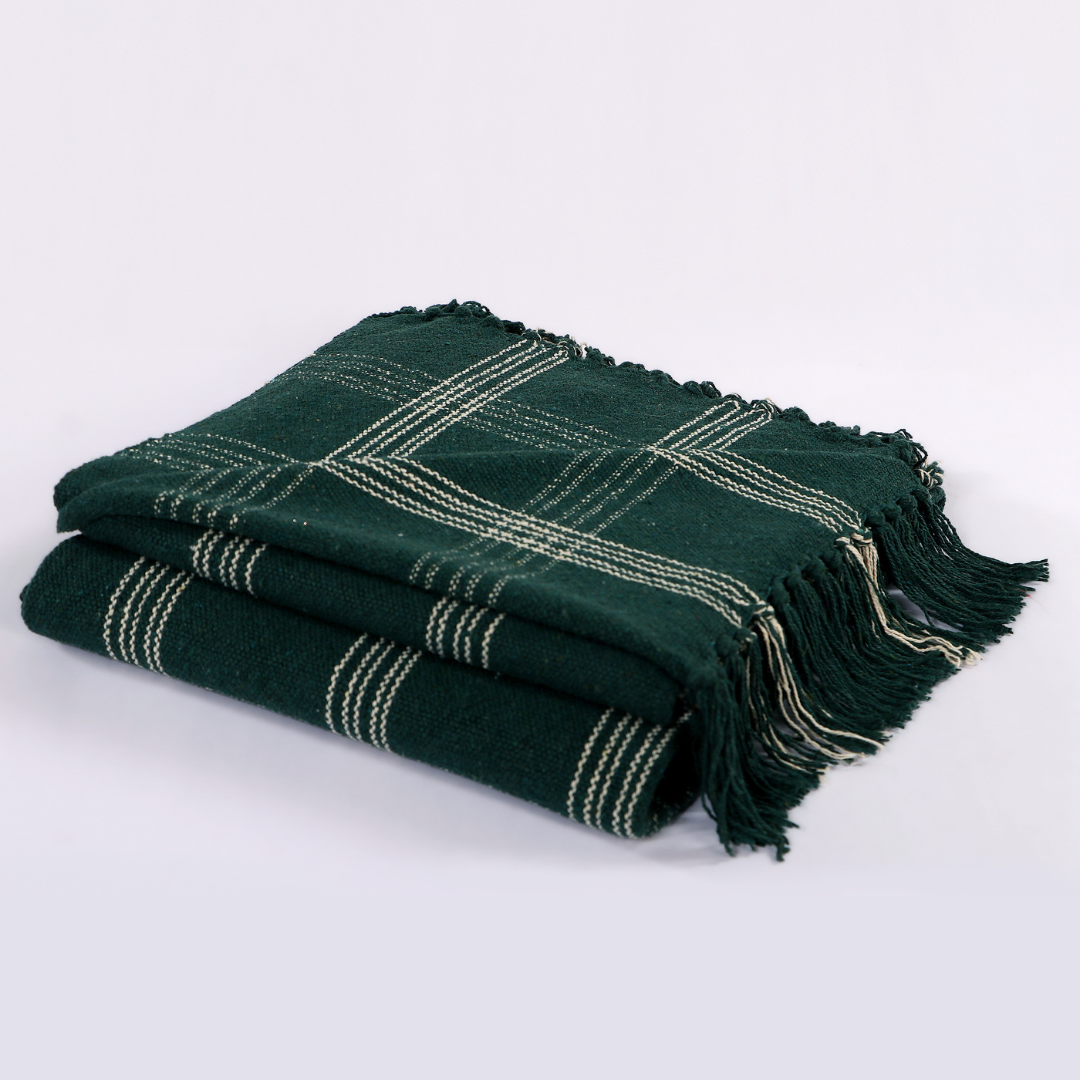 Green Handwoven Cotton Throw with fringe 50" x 60" (127 x 172 cm) by Luv Saffron | Souqify