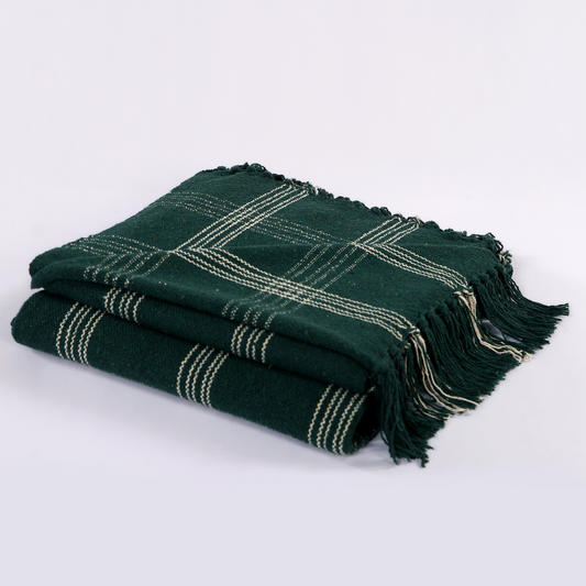 Green Handwoven Cotton Throw with fringe 50" x 60" (127 x 172 cm) by Luv Saffron | Souqify