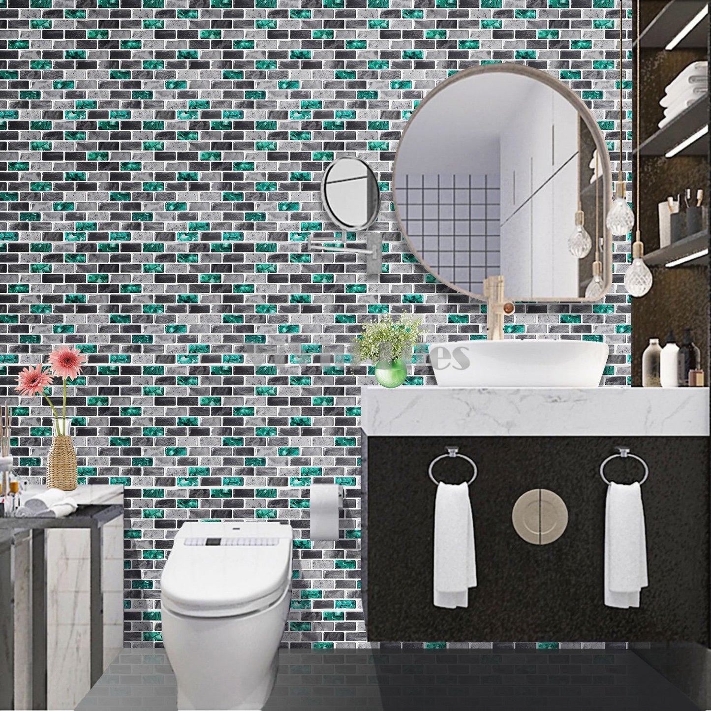 Green with Grey Marble Brick Vinyl Tile T80067 by Vivid Tiles | Souqify