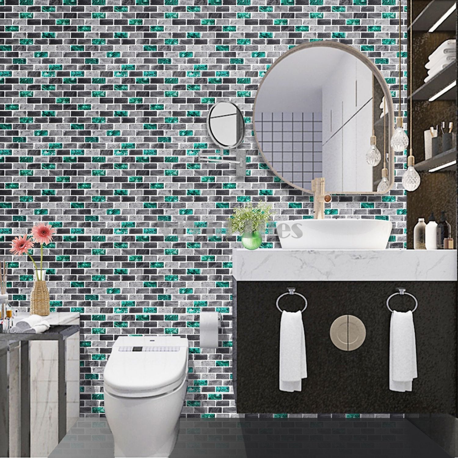 Green with Grey Marble Brick Vinyl Tile T80067 by Vivid Tiles | Souqify