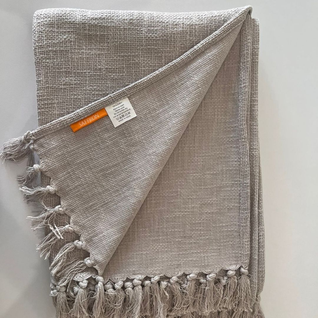 Handwoven Cotton Throw with tassels in Grey 50" x 70" (127 x 177 cm) by Luv Saffron | Souqify