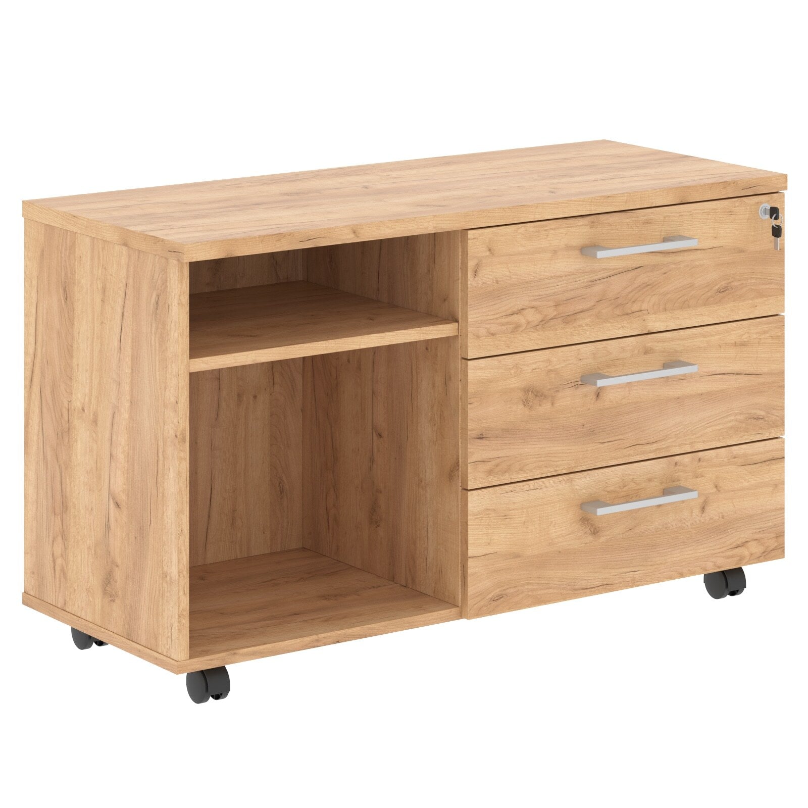 HIGH EXECUTIVE RECTANGULAR SHAPE MOBILE PEDESTAL, MADE IN E1 LAMINATE CHIPBOPARD, WITH THREE DRAWERS AND OPEN SHELVES by Treejar | Souqify
