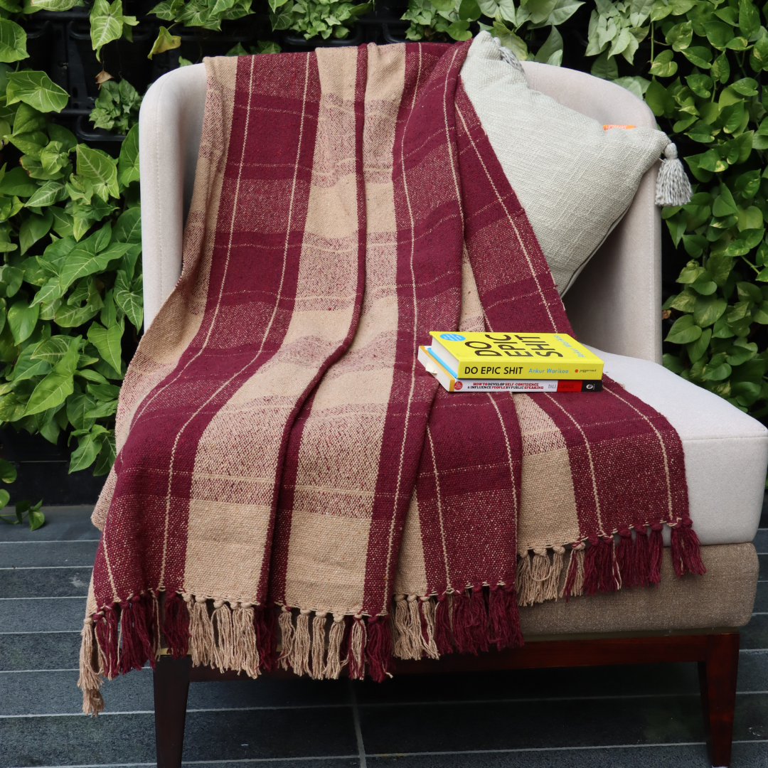 Maroon Checkered Handwoven Cotton Throw with fringe 50" x 60" (127 x 172 cm) by Luv Saffron | Souqify