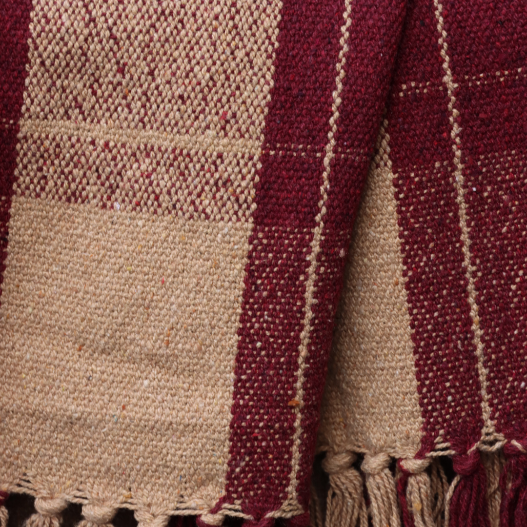 Maroon Checkered Handwoven Cotton Throw with fringe 50" x 60" (127 x 172 cm) by Luv Saffron | Souqify