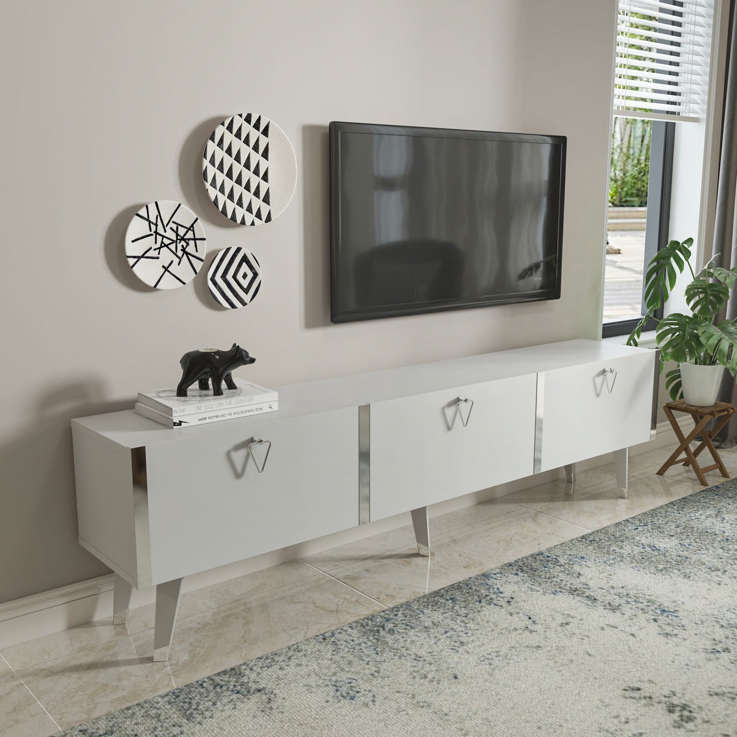 Milagro TV Unit Gloss White Silver by DECOROTIKA | Souqify