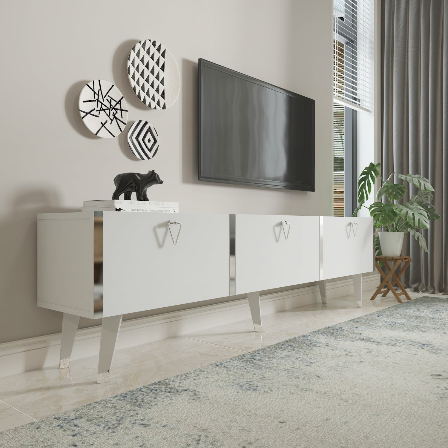Milagro TV Unit Gloss White Silver by DECOROTIKA | Souqify