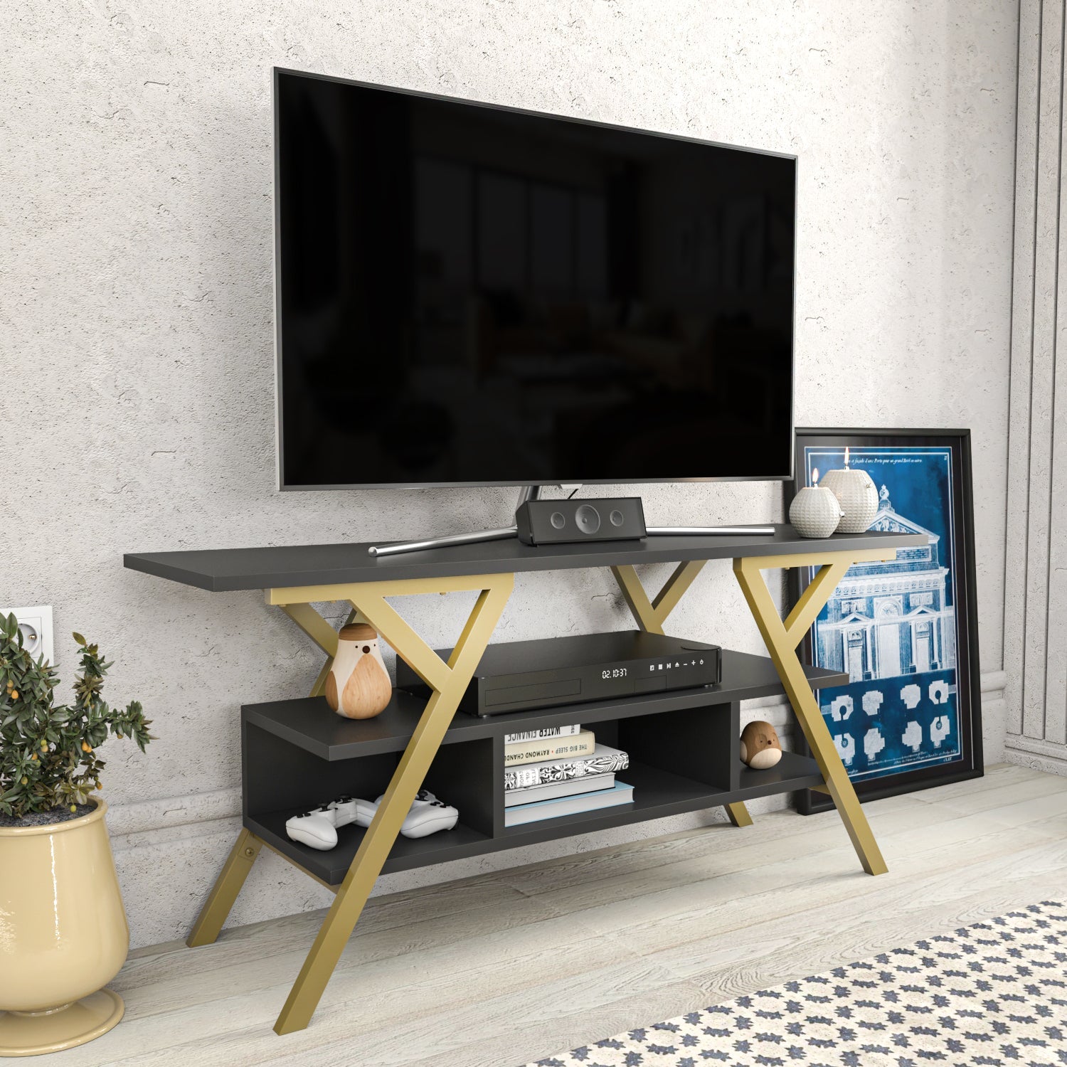 Minerva TV Unit - Gold-Antrasit by DECOROTIKA | Souqify